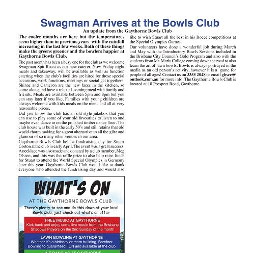 Swagman's Catering now at Gaythorne Bowls